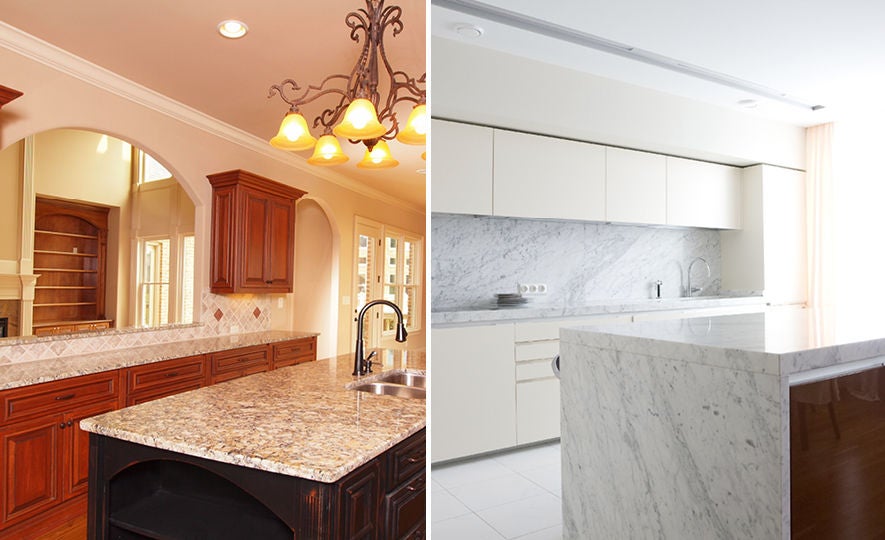 image on left shows kitchen with granite countertops and image on right shows a kitchen with marble countertops.